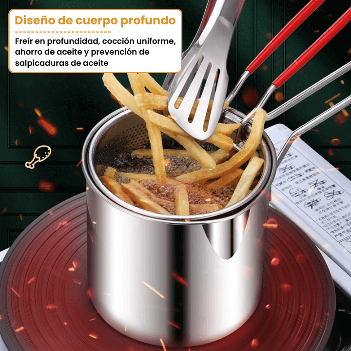 SAFEFRY® Set de Olla freidora de 1.2L en acero inoxidable +pinza + tapa GRATIS