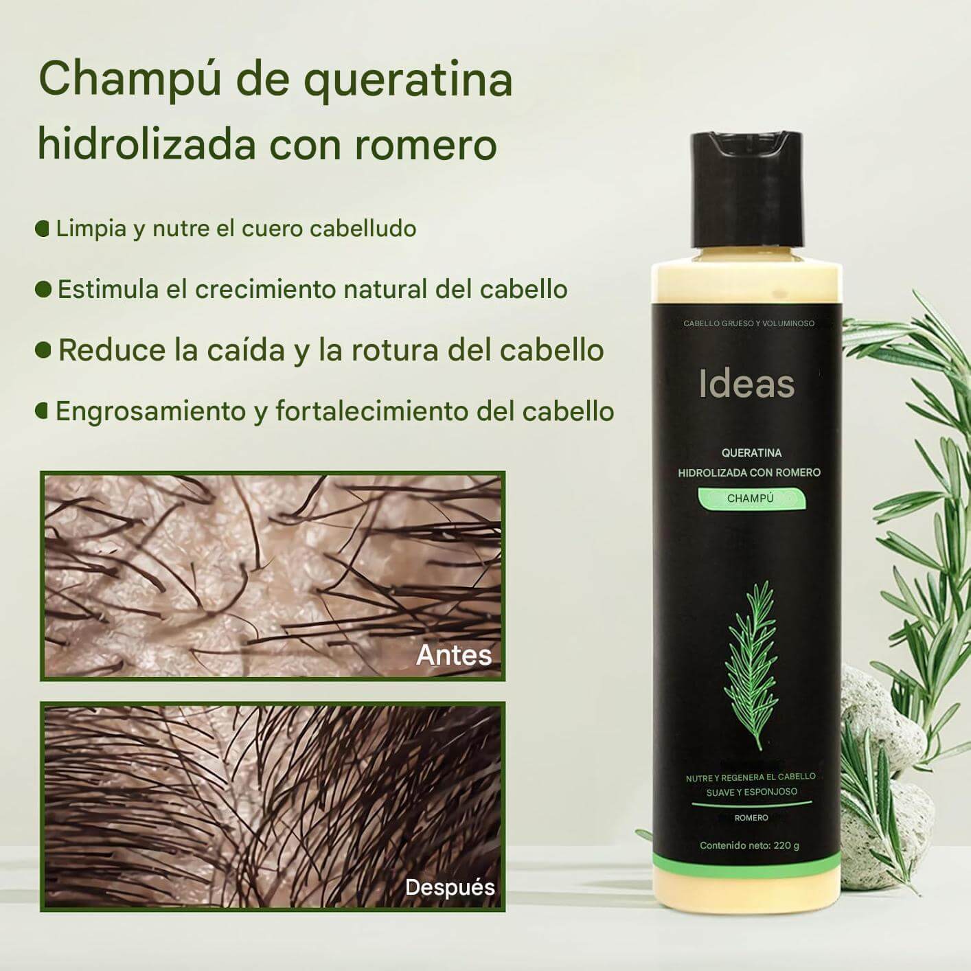 Keratina + Romero + Ortiga + Biotina - Champú Nutritivo y Regenerador para Cabello Grueso y Voluminoso (220 ml) - IdeasLabCo™ - Compre 1 y lleve 1 gratis