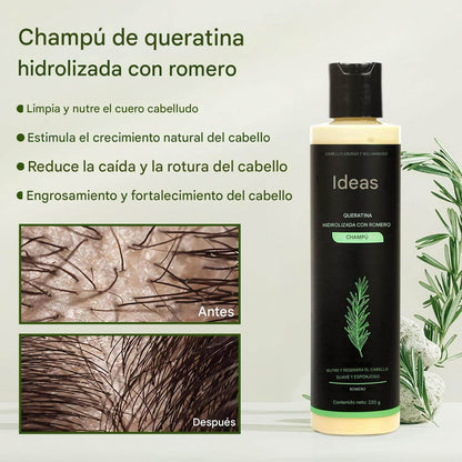Keratina + Romero + Ortiga + Biotina - Champú Nutritivo y Regenerador para Cabello Grueso y Voluminoso (220 ml) - IdeasLabCo™ - Compre 1 y lleve 1 gratis