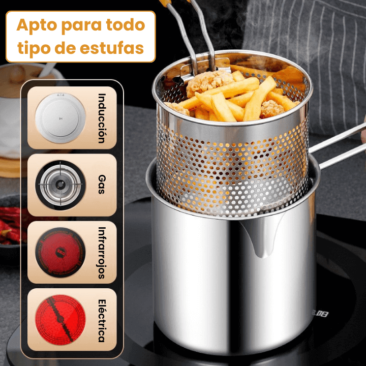 SAFEFRY® Set de Olla freidora de 1.2L en acero inoxidable +pinza + tapa GRATIS