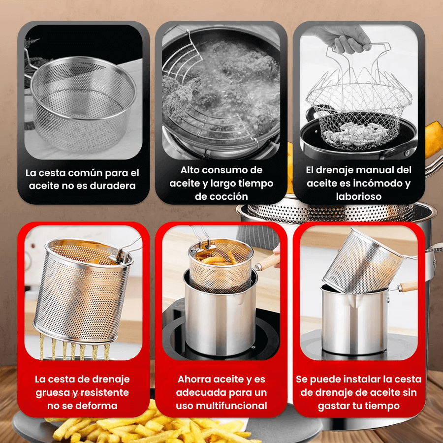 SAFEFRY® Set de Olla freidora de 1.2L en acero inoxidable +pinza + tapa GRATIS