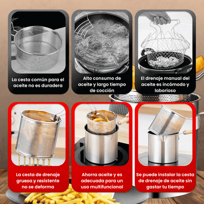 SAFEFRY® Set de Olla freidora de 1.2L en acero inoxidable +pinza + tapa GRATIS