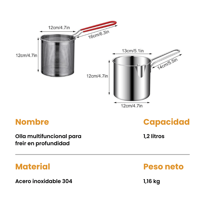 SAFEFRY® Set de Olla freidora de 1.2L en acero inoxidable +pinza + tapa GRATIS