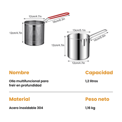 SAFEFRY® Set de Olla freidora de 1.2L en acero inoxidable +pinza + tapa GRATIS