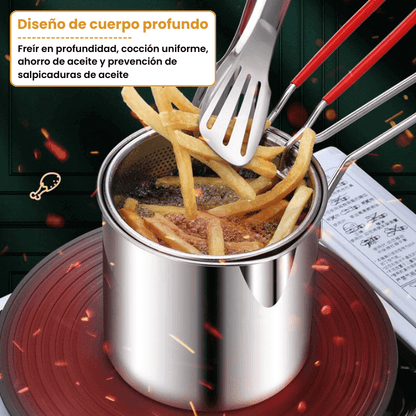 SAFEFRY® Set de Olla freidora de 1.2L en acero inoxidable +pinza + tapa GRATIS